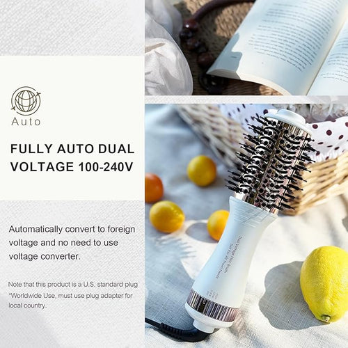 4-in-1 Travel Dual Voltage Hair Dryer Brush Blow Dryer Brush,Portable 2 inch Mini Hot Air Brush,Travel Hair Styler/Volumizer/Straightener/Curler,110-240V European Blow Dry Brush with EU&UK Plug