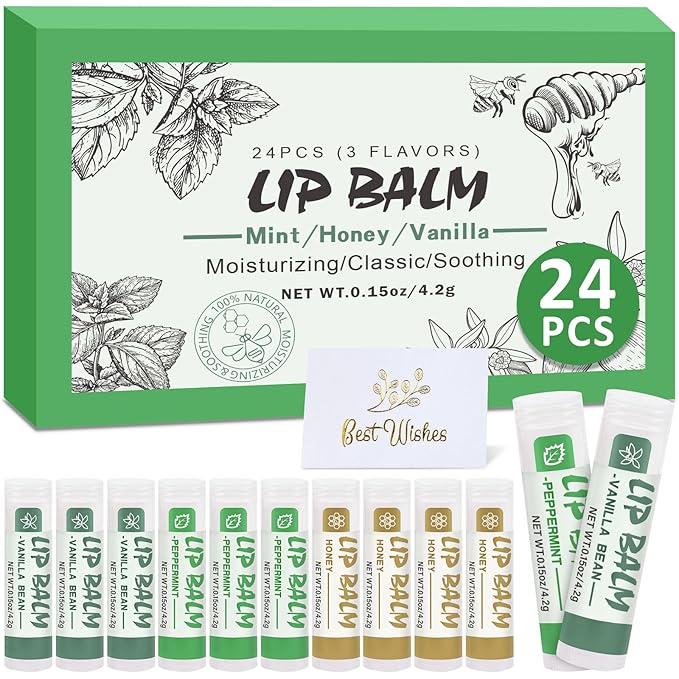 24 Pack Lip Balm Bulk, Vanilla Mint Honey, 100% Natural Lip Balm with Vitamin E and Coconut Oil, Moisturizing Lip Balm for Dry Lips