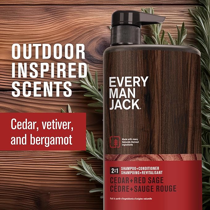 Every Man Jack 2-in-1 Daily Shampoo + Conditioner - Cedar and Red Sage | Nourishing For All Hair Types, Naturally Derived, Cruelty-Free Shampoo and Conditioner Set for Men | 24oz -1 Bottle