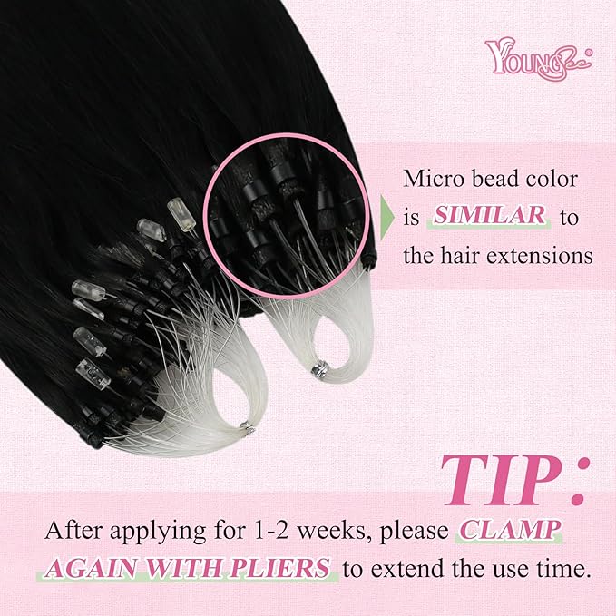 YoungSee Micro Bead Hair Extensions Real Human Hair Black Microlink Hair Extensions Human Hair Jet Black Microbead Hair Extension 16 Inch 50s/50g Micro Ring Hair Extensios #1 for Wedding