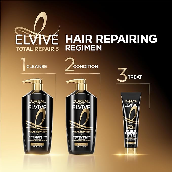 L'Oreal Paris Elvive Total Repair 5 Repairing Shampoo and Conditioner for Damaged Hair, 28 Ounce (Set of 2)(Packaging May Vary)