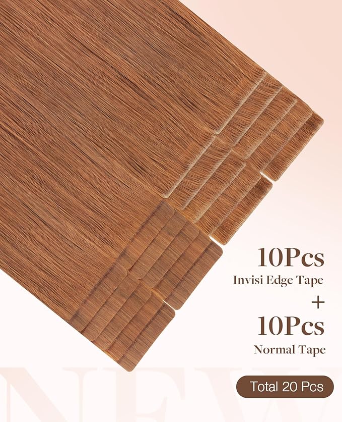 GOO GOO Invisi Edge Tape in Hair Extensions Human Hair, 330 Cinnamon Terra Copper 10pcs injected with 10pcs classical tape ins, 14inch 50g, Virgin Remy Hair, Natural Look