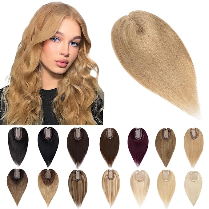 SEGO Human Hair Toppers for Women With Thinning Hair, 7 * 13CM Silk Base 100% Real Human Hair Clip in Top Wiglet Hairpieces -16 Inch No Bangs Dark Blonde