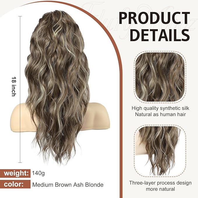 FLUFYMOOZ Wavy Curly Claw Clip Ponytail Extension, 18 Inch Natural Fake Ponytail Synthetic Hairpiece for Women (Medium Brown Ash Blonde)