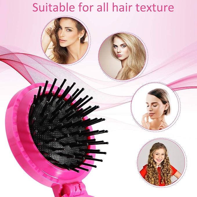 Boao 2 Pack Foldable Travel Mirror Hair Brushes Round Portable Folding Pocket Hair Brush Mini Comb Compact Travel Size Massage Comb for Men Women (Black, Rose Red)