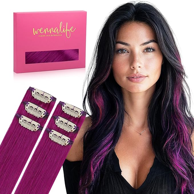WENNALIFE Violet Clip in Hair Extensions Real Human Hair 35g 6pcs 22 Inch Colored Hair Extensions for Kids Women Colorful Hair Pieces Pop-up Style Straight Extensiones De Cabello Humano Con Clip