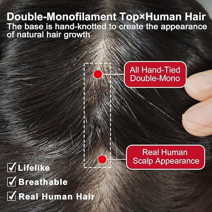 Real Human Hair Topper Double-Monofilament Top Hand-Tied Hair Pieces Mid Length for WomenThinning Hair BHADS812 (3 Natural Brown × Hair Length:9.8"(25cm), Base Size:3.1"×4.7"(8cm×12cm))