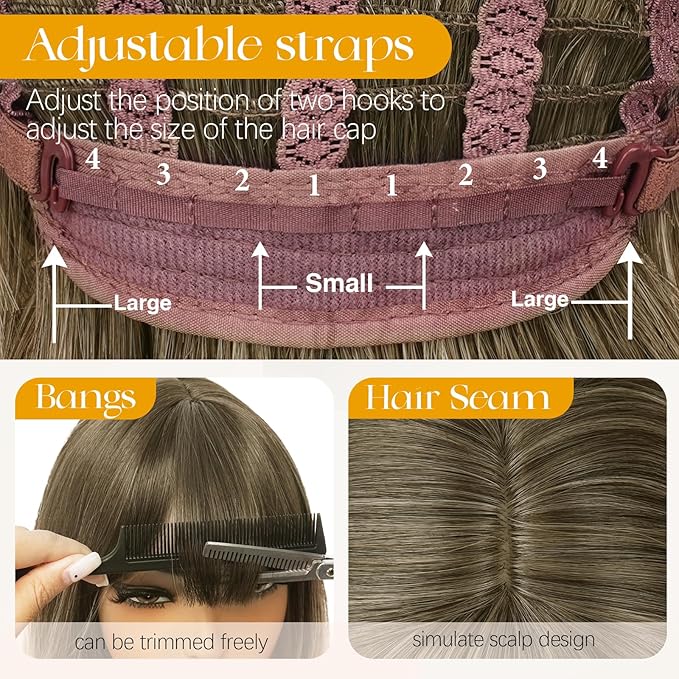 SOFEIYAN Long Straight Layered Blonde with Black Roots Wig with Bangs 24 Inch Synthetic Natural Hair Wig Soft Heat Resistant Long Wigs for Women Daily Party Use