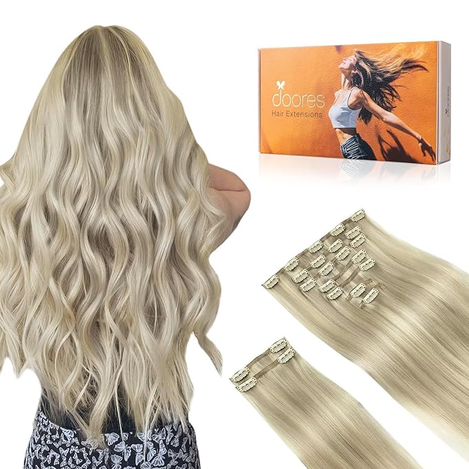 DOORES Hair Extensions, Ash Blonde Highlighted Platinum Blonde 150g 9pcs 20 Inch Remy Human Hair Extensions Straight Natural Clip in Extensions