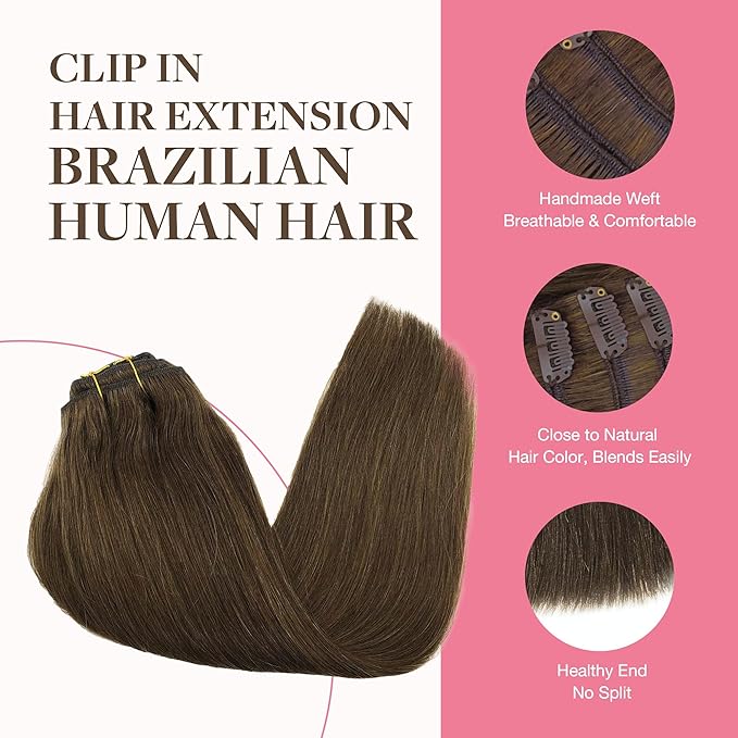 GOO GOO Clip in Hair Extensions Real Human Hair, Remy Human Hair Extensions Clip ins for Women, Natural Human Hair, 26inch 260g 9Pcs, #4A Chocolate Brown