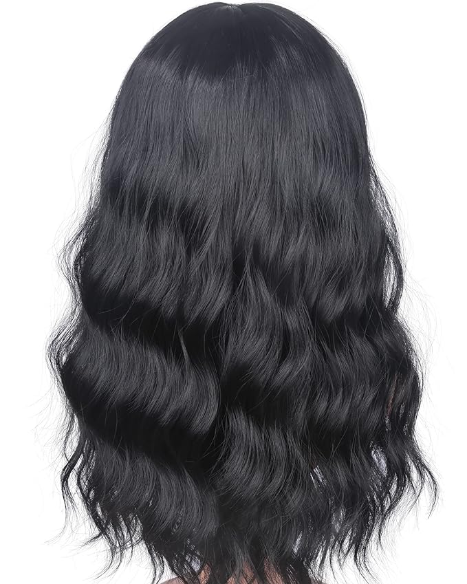 Medium Long Black Wavy Wigs For Women Synthetic Full Hair Natural Black Wigs With Side Bangs For Daily Use 16 Inches (NATURAL BLACK(1#))