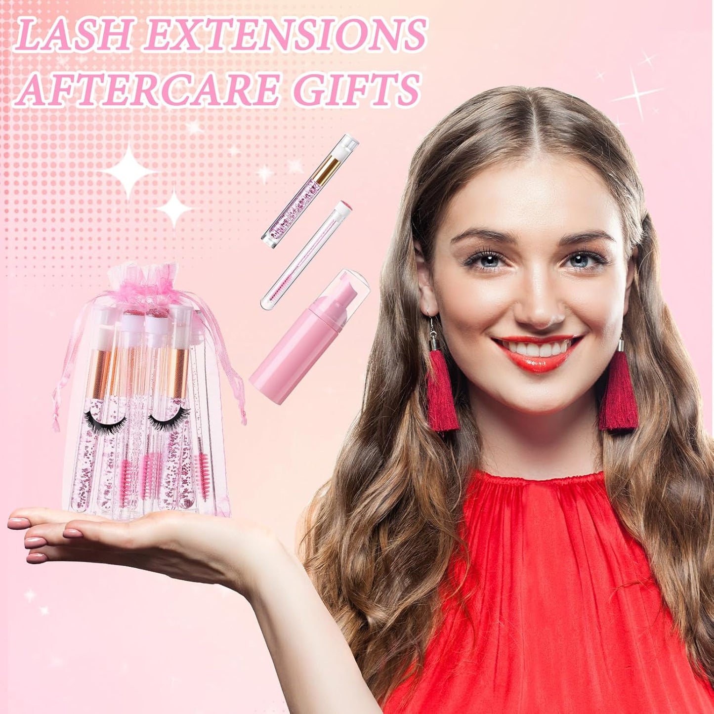 Zhehao 80 Pcs Lash Shampoo Bottle Brushes Kit 20 Foam Pump Dispensers 20 Lash Shampoo Brushes 20 Eyelash Aftercare Bag 20 Cleaning Pipes, Eyelash Extension Supplies(Pink)