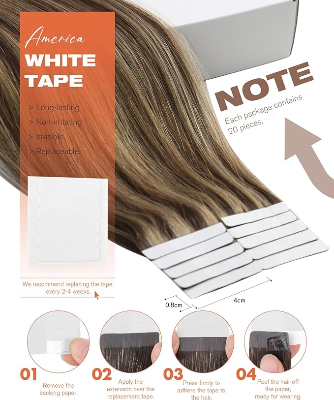 Sunny Hair Tape in Hair Extensions Real Human Hair Invisible Remy Hair Extensions Tape ins for Women Dark Brown Highlight Caramel Blonde 16 inch 20Pcs 50G