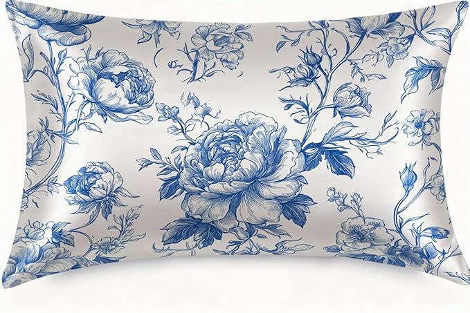 Silk Pillow Case for Hair and Skin Vintage Blue and White Floral Standard Size Silk Pillow Case with Zipper Super Soft Pillow Covers for Women Bed Sleeping, 20x26 Inches