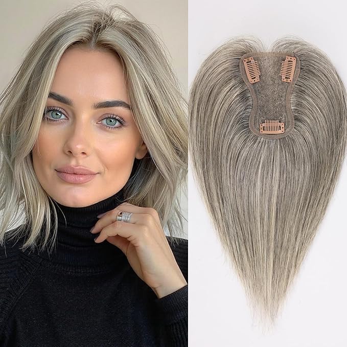 starluck Real Human Hair Toppers for Women 10 Inch Human Hair Topper no Bangs, 3 * 4.5 inches Swiss Base Suitable for ThinningHair Cover Grey Roots(Mixed Light Grey)