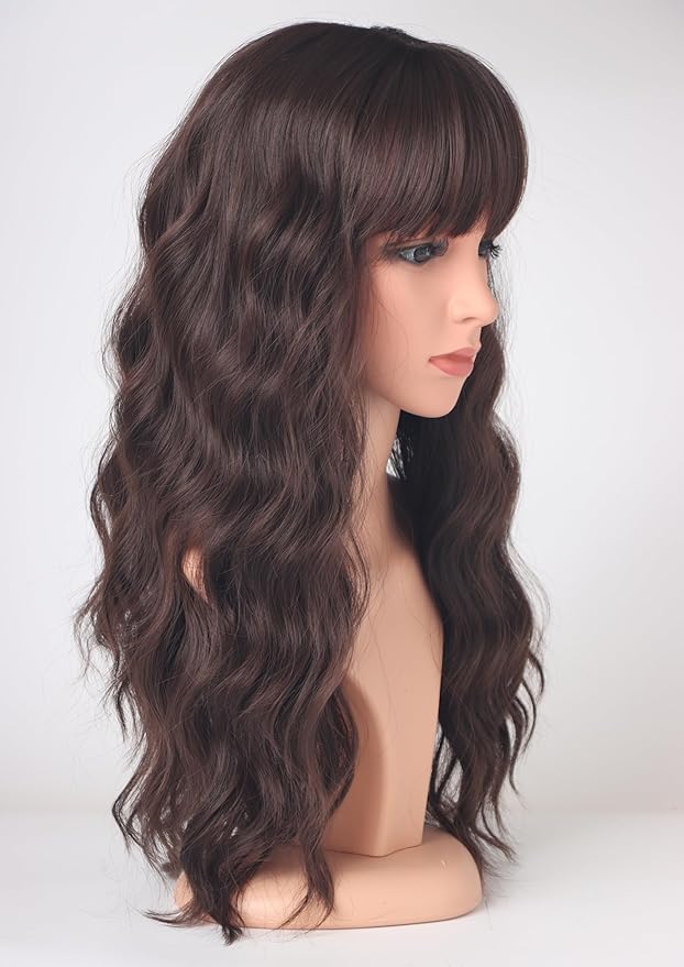 Medium Long Brown Wavy Wigs For Women Synthetic Full Hair Wigs With Bangs For Daily Use (brown)