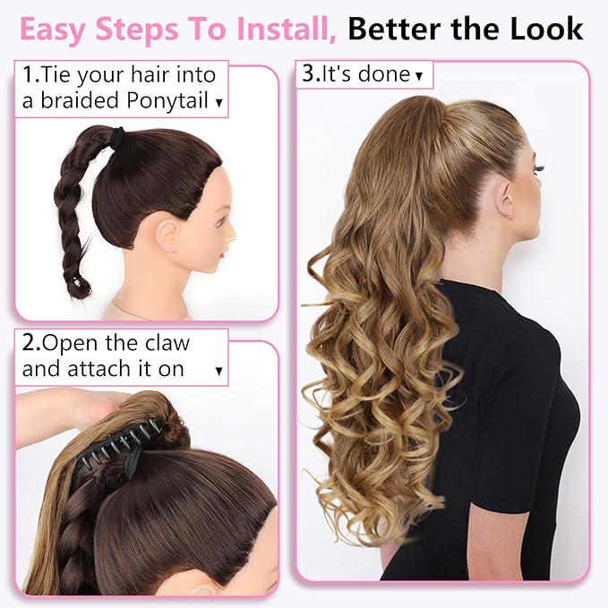 ALXNAN Ponytail Extension,24 Inch Claw Clip in Long Curly Wavy Dark Ash Blonde with Golden Ends Ponytail Hair Extension Jaw Clip on Pony Tails Hairpiece for Women