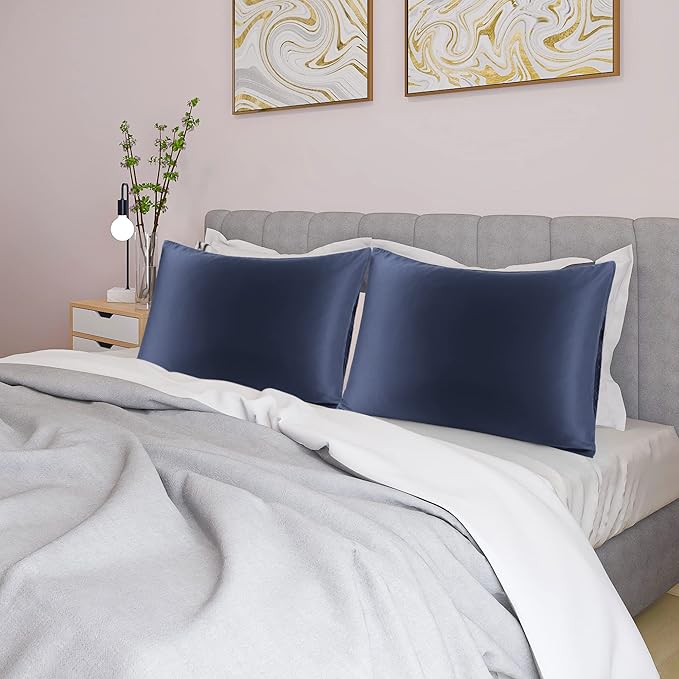 uxcell 2 Pack Silk Satin Pillowcase for Hair and Skin, Cool, Silky, Soft Breathable Pillow Cases Queen Size 20x30 Inch Sateen Pillowcase Navy with Envelope Closure