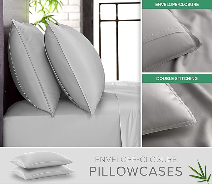 Queen Pillowcases by Pure Bamboo, Genuine 100% Organic Viscose Derived from Bamboo, Luxuriously Soft & Cooling, Double Stitching, Envelope Closure (2 Queen Pillowcases, Silver Pearl)