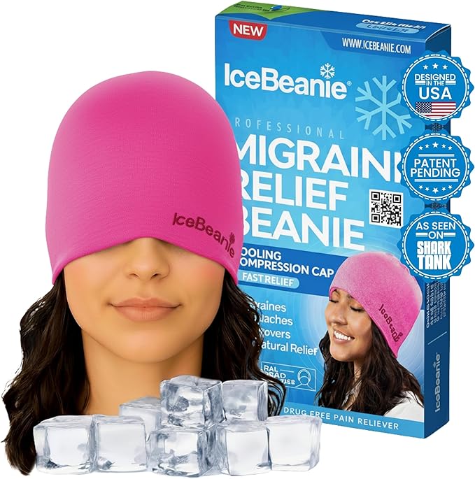 IceBeanie Migraine Relief Cap, As Seen on Shark Tank, Soft & Stretchy Gel Tension Headache Relief Cap, Extended Cooling Hangover Ice Hat, Odorless Head Wrap Ice Pack Wrap, Headache Migraine Mask