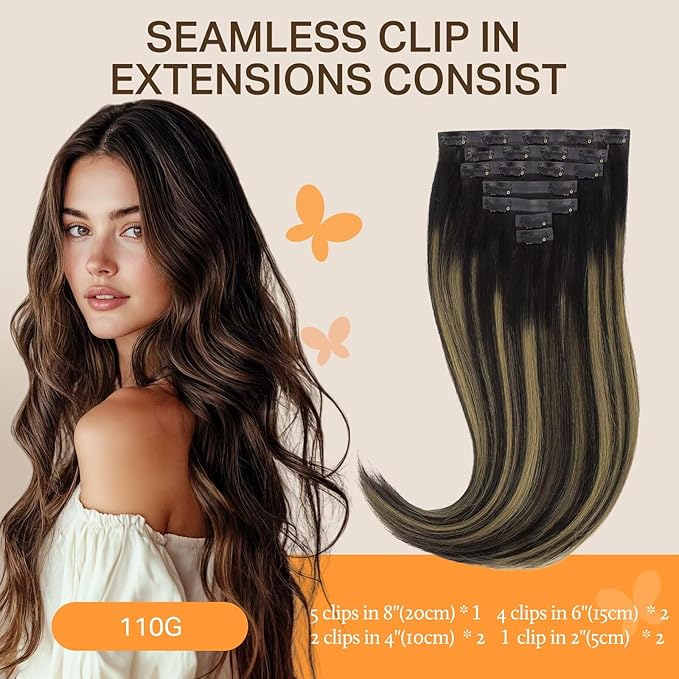 DOORES Seamless Clip in Hair Extensions Real Human Hair Extensions, Natural Black Mixed Chestnut Brown 110g 16 Inch 7pcs, Invisi Edge Hair Extensions Straight Hair Remy Natural Hair