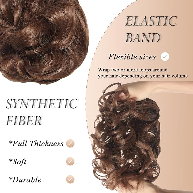 Large Messy Bun Hair Piece Curly Synthetic Extensions Scrunchies Fake Chignon Updo Hairpieces for Women Light Golden Brown