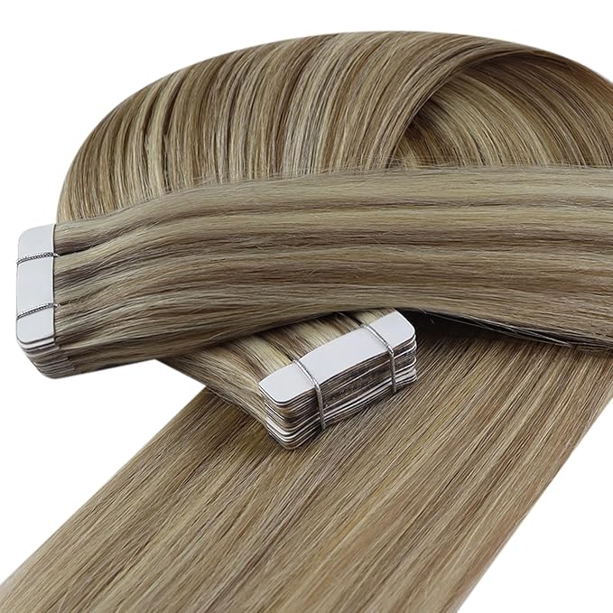 YoungSee 24inch Tape in Hair Extensions Real Human Hair Highlight Hair Extensions Tapes Light Brown to Blonde Tape on Hair Extension Human Hair for Women Long Straight Hair 20pcs 50g