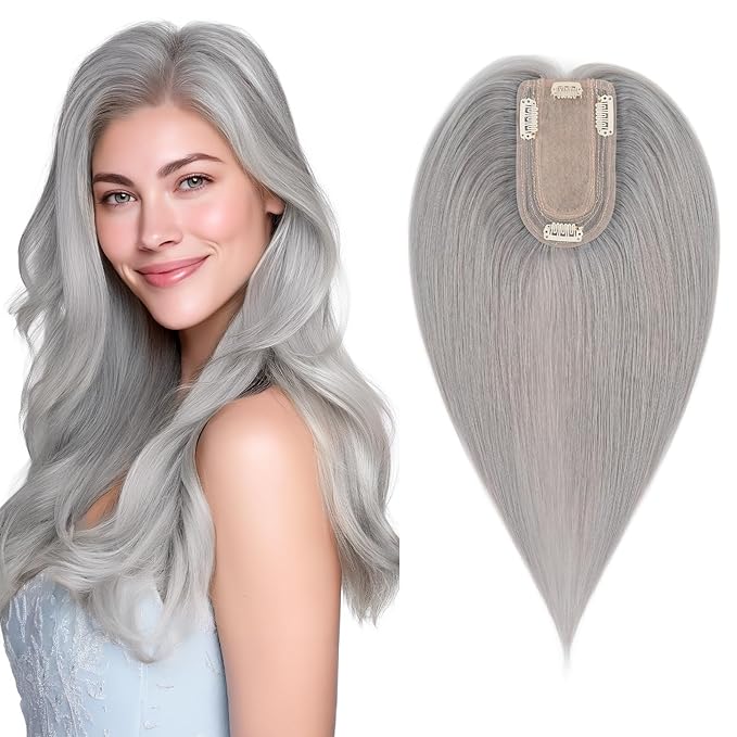 SEGO Hair Topper for Women, No Bangs Real Human Hair Topper with Anti-Slip Clips (6 Inches #Grey)