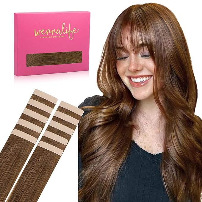 WENNALIFE Tape in Hair Extensions Human Hair Light Auburn Brown Tape in Extensions, 10pcs 30g 22 inch Remy Invisible Tape Ins Straight Colored Soft Real Human Hair Tape in Extensions Refill Set