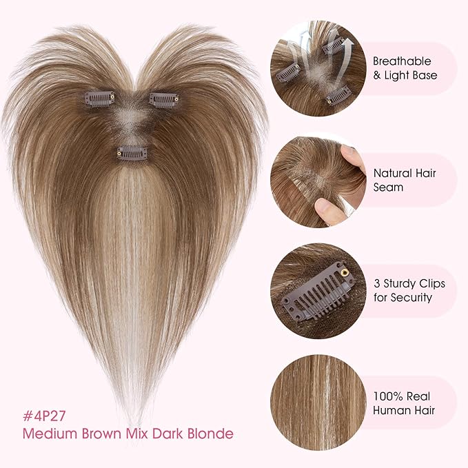 Hairro Human Hair Toppers with Wispy Bangs, 3D 360° Seamless Real Hair Toppers, Hand-Tied with 3.5"x4.7" T-shaped Base, Clip-In Hairpieces to Add Volume on Top, 11 Inch Medium Brown Mix Dark Blonde