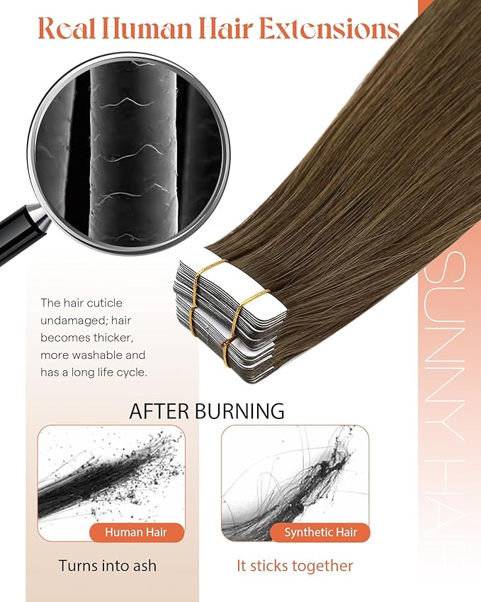 Sunny Hair Human Hair Tape in Extensions, Cool Brown Tape in Hair Extensions Human Hair 24 inch Straight Remy Tape in Human Hair Extensions 20Pcs 50g
