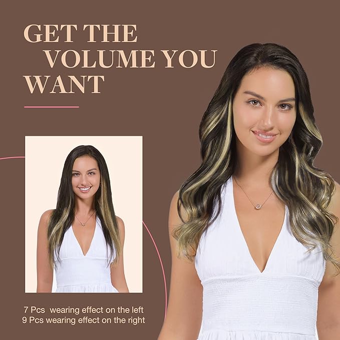 GOO GOO Clip in Hair Extensions Real Human Hair, Remy Human Hair Extensions Clip ins for Women, Natural Human Hair, 16inch 150g 9Pcs, 4/26/4 Balayage Chocolate Brown to Honey Blonde