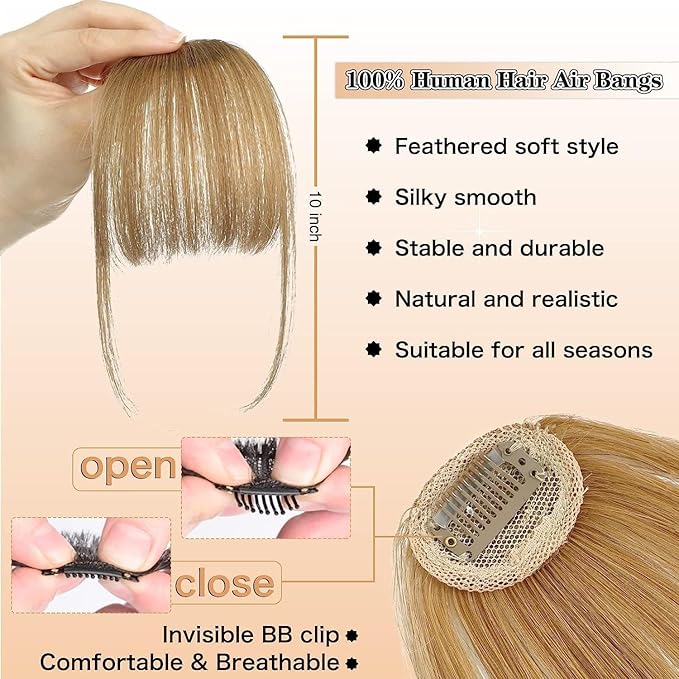 NAYOO Wispy Bangs Hair Clip - Blonde 100% Real Human Hair Clip in Bangs for Women Fringe with Temples Hairpieces for Daily Wear (Blonde, Wispy Bangs)