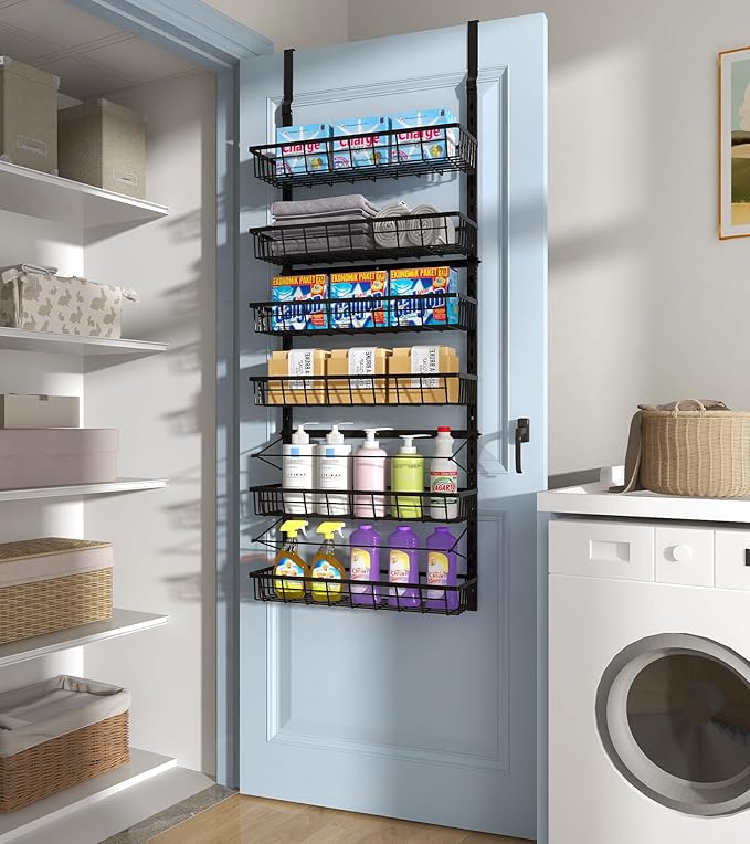 Over The Door Pantry Organizer, Pantry Storage and Organization, 6-Tier Adjustable Hanging Baskets, Metal Wall Mount Spice Rack Seasoning Shelves for Home & Kitchen, Laundry Bathroom - Black