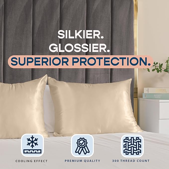 BLISSFORD Satin Pillowcase with Zipper, for Hair and Skin Care, Feels Soft and Cool Like a Silk Pillowcase, Satin Pillow Cases 2 Pack, Slik Pillow Cover, Light Beige - King Size, Set of 2