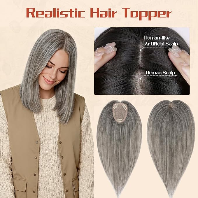 Rich Choices Human Hair Toppers for Women-100% Real Remy Hair Topper No Bang-Upgraded 150% Density 9 * 12CM Lace Base-Clip in Hairs Topper for Thinning Hairs-12Inch #G2 Grey