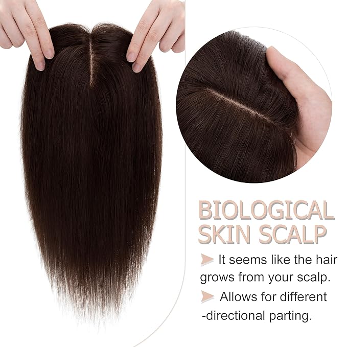 Hair Toppers for Women Real Human Hair No Bangs, 13 * 15 cm Larger Silk Base 150% Density Clip In Topper Hairpieces, Wiglet Top Pieces Add Volume -14 Inch 02 Dark Brown