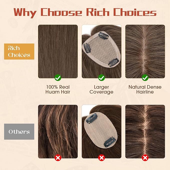 Rich Choices Human Hair Toppers for Women-100% Real Remy Hair Topper No Bang-Upgraded 150% Density 9 * 12CM Lace Base-Clip in Hairs Topper for Thinning Hairs-10Inch #2 Dark Brown