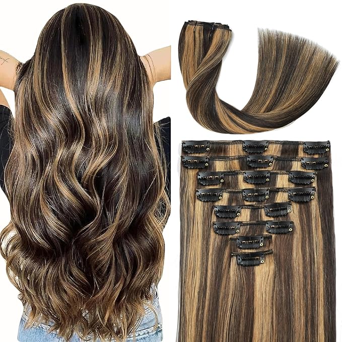 Clip in Hair Extensions Real Human Hair 22inch 8pcs 110g Seamless Balayage Dark Brown Hair Extensions Clip Ins Double Weft Dark Brown Highlight Chestnut Brown Invisible Straight Remy Human Hair