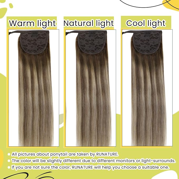 RUNATURE Straight Ponytail Extension Human Hair Balayage Walnut Brown to Ash Brown with Bleach Blonde Short Ponytail Human Hair Extensions 14 Inch 70g Full Ends Thick Pony Tails Hair Extensions Soft