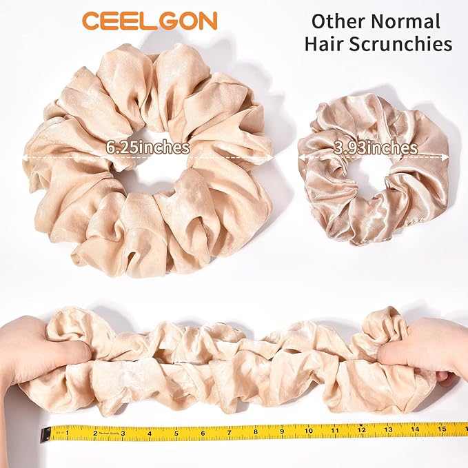 XL Big Silk Scrunchies Hair Ties for Women - CEELGON Oversized Pink Satin Silk Scrunchie Exra Large Jumbo Gaint Soft Champagne Chiffon Cute Scrunchy for Curl Thick Hair 4 Pack (Pink Champagne)