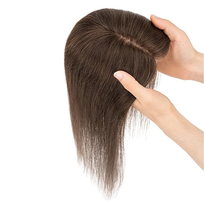 Hairro Human Hair Toppers Free Parted, 3.5x4.7" Base Hand-wovened 100% Real Hairpieces, with Invisible Clips-in for Women, for High Hairline/Adding Volume on Top, 10 Inch Dark Brown