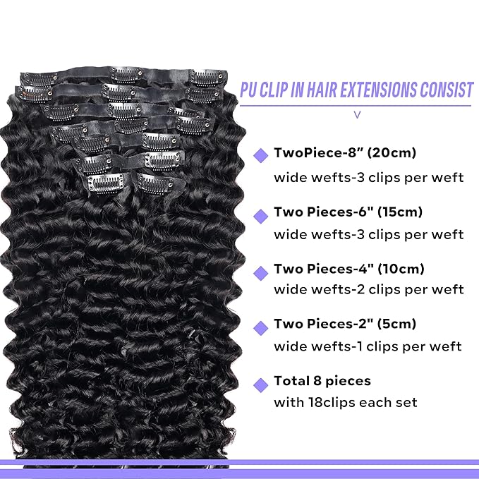 Seamless Clip in Hair Extensions Real Human Hair Deep Wave Brazilian Virgin Human Hair for Women 8Pcs PU Clip in Remy Hair Skin Weft with 18Clips 120g 26inch Natural Black