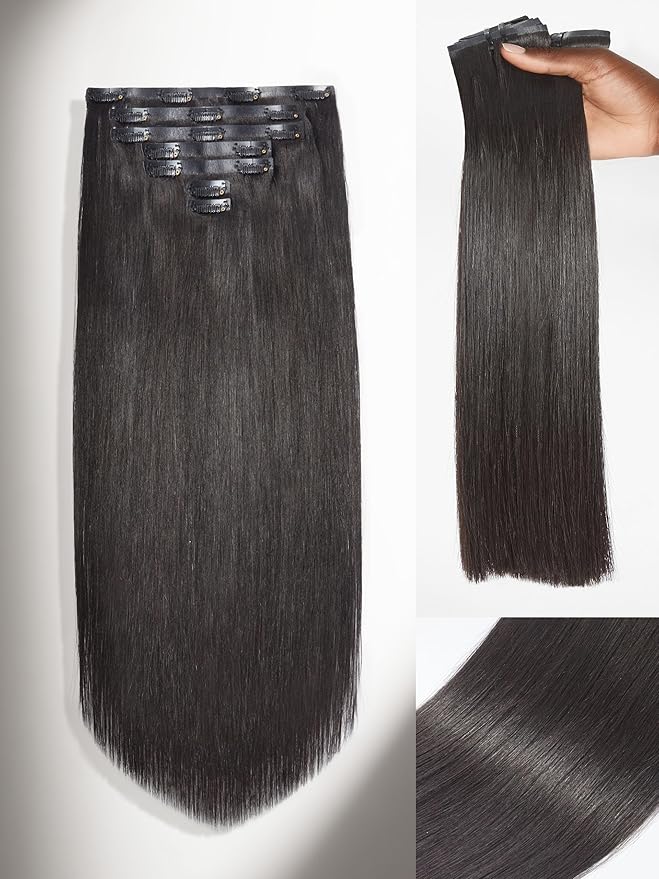 LUVME Clip in Hair Extensions,16 Inch 2 Pack 270g 18pcs Silky Straight Invisible Clip in Hair Extensions Human Hair Natural Black Hair Clip on for Women