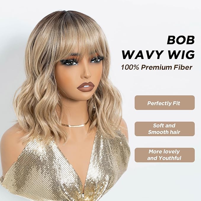 NOBLE Bob Wig Short Wigs for Women Bob Curly Wavy Hair Wigs with Bangs Heat Resistant 12 Inches Synthetic Wig for Cosplay Daily Use