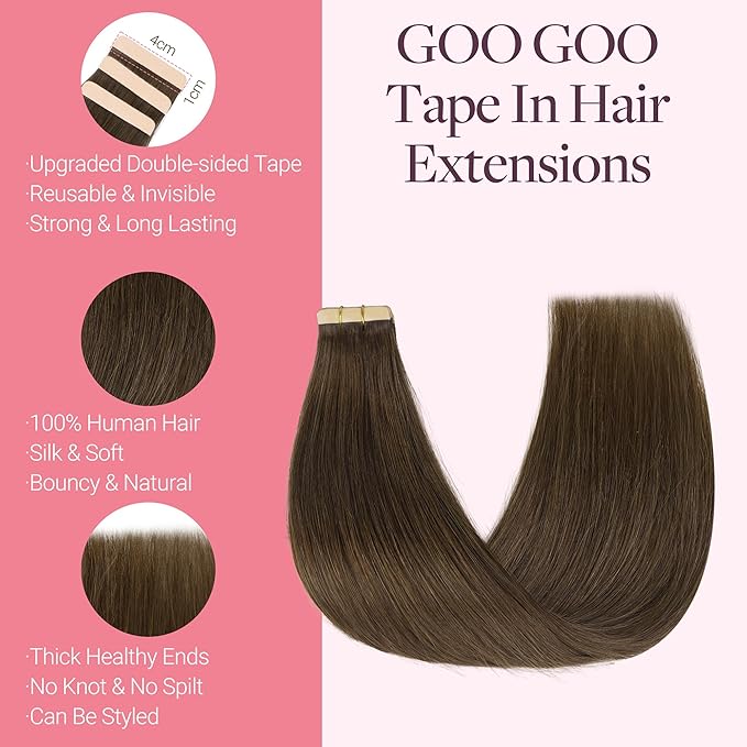 GOO GOO Tape in Hair Extensions Human Hair, #4H Light Chocolate Brown, 22inch 50g 20pcs, Skin Weft Seamless Invisible, Silky Straight with Thick Ends, Remy Human Hair