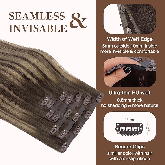 GOO GOO Clip in Hair Extensions Real Human Hair, Remy Human Hair Extensions Clip ins for Women, Natural Human Hair, 18inch 130g 7Pcs, 4/26/4 Balayage Chocolate Brown to Honey Blonde