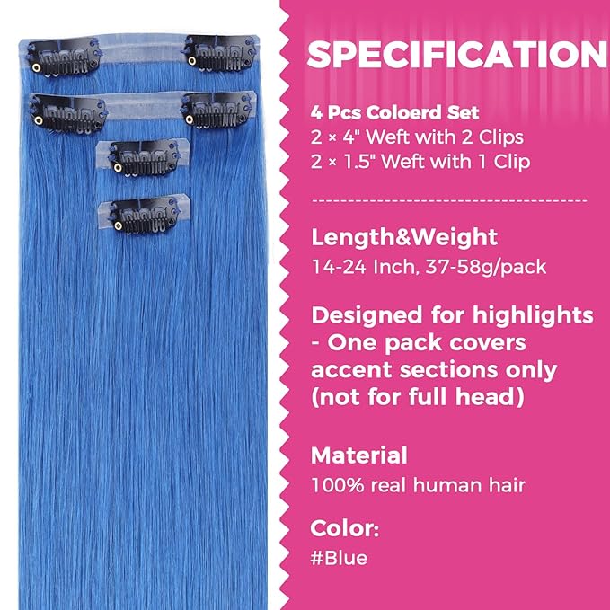 Lashey Clip in Hair Extensions Real Human Hair 50g 4pcs Blue Straight Seamless Clip in Hair Extensions Human Hair 22 Inch Hair Extension Clips