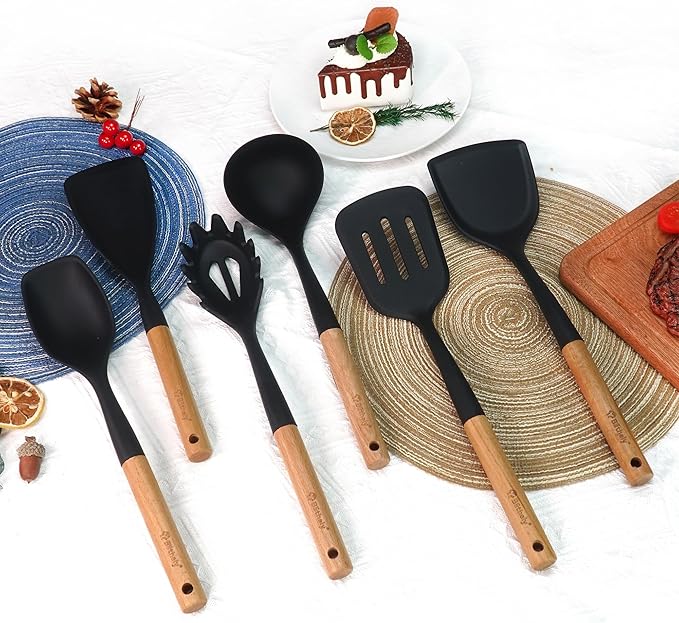 Silicone Cooking Utensils Set, 6 Pack Large Kitchen Utensils Set with Wooden Handle, Heat Resistant Silicone Utensil Spatula Set for Nonstick Cookware, Spatula, Turner, Spoon, Ladle BPA Free (Black)