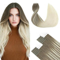 SURNEL Tape in Hair Extensions Human Hair Ombre Color 8 Ash Brown Fading to 60 Platinum Blonde Tape in Hair Extensions 14 inch Silky Remy Tape Hair 20pcs 50g(#8T60-14)